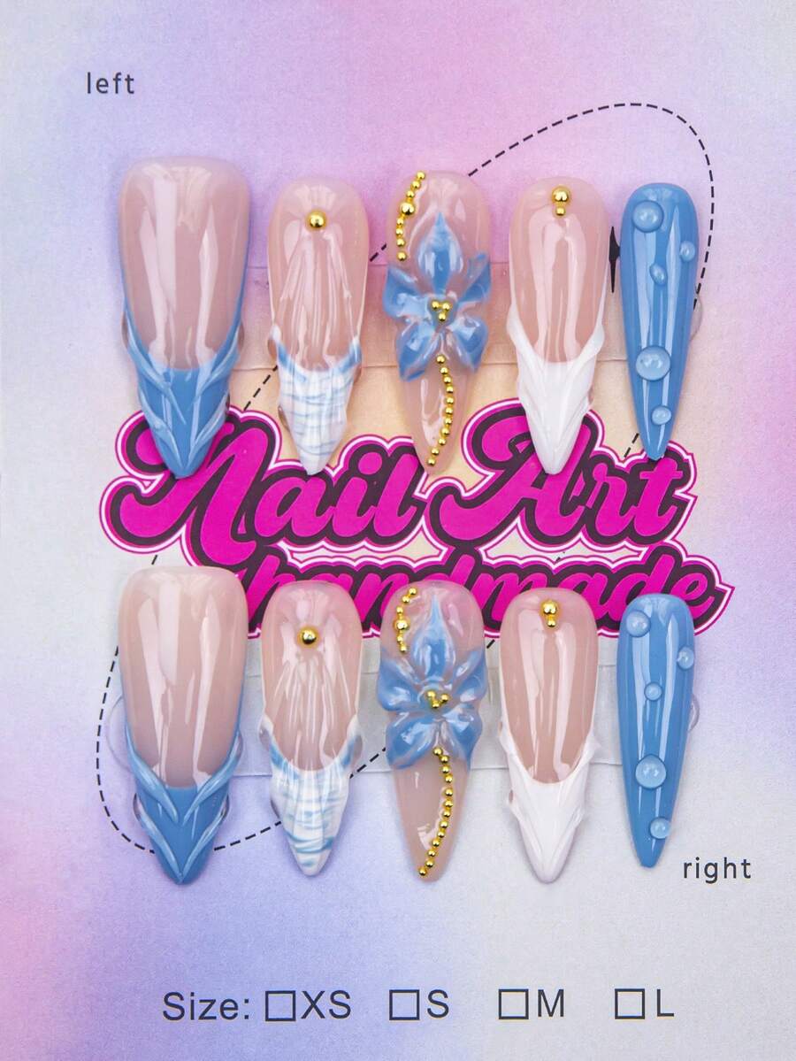 Bộ 10 móng tay giả thủ công kiểu Y2K hình hạnh nhân - Làm thủ công, móng màu xanh dương, móng màu trắng, hình bọ rùa 3D, cúc áo 3D và quả việt quất 3D, họa tiết bọ rùa 3D, ngôi sao vàng vẽ tay, nơ vàng và bướm. - Màu xanh nhạt - Xem 1