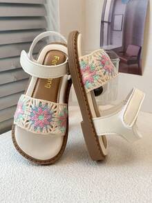 1双女童凉鞋，钩针花朵镂空防滑平底露趾凉鞋，夏季外出甜美森林风乡村凉鞋 - 彩色 - 查看 7