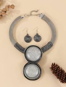 Exaggerated Multi-Layer Handmade Aluminum Wire Woven Resin Chain Bohemian European And American Middle Eastern European Korean Version Evening Party Holiday Ladies Wax Line Resin Teardrop Necklace Earrings - Antique Silver - View 5