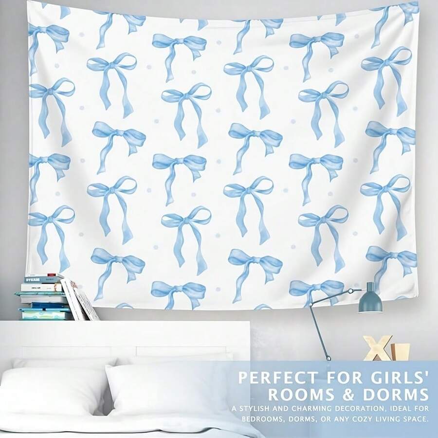 Light Blue Coquette Preppy Wall Tapestry – Blue Bow Aesthetic Hanging Tapestry For Girls Bedroom Or Dorm Room Decor,Based Blue Room Decor Aesthetic - 彩色 - 查看 1