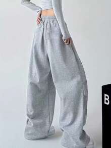 女士休闲运动裤，松紧腰带配抽绳，高腰设计带口袋，宽松阔腿慢跑裤，春季款 - 灰色 - 查看 5