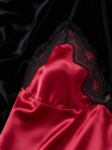 Valentine's Day Gift Women's Solid Color Sexy Lingerie Nightgown - Lace Trimmed Back Crossover Design, High Slit V-Neck Sleep Dress Pajamas Set - Burgundy - View 5