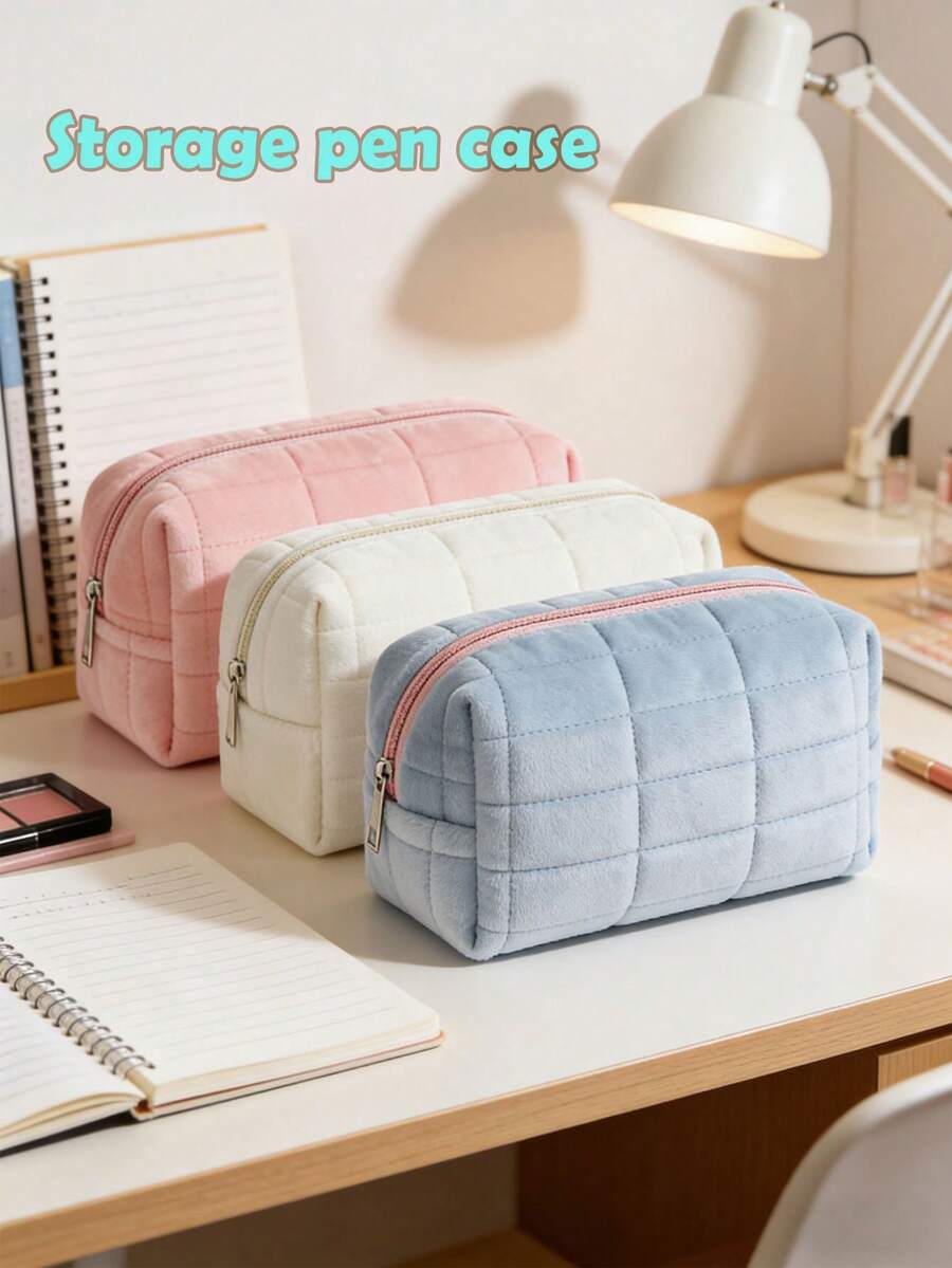 1pc Plush Pencil Case, Checkered Pattern, Soft Suede Material, Multiple Colors Available (Pink, Blue, White), Large Zipper Travel Toiletry Bag, Portable Multi-Function Large Capacity Bag, Cute Makeup Brush Organizer,Stationery