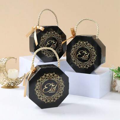 10pcs Octagonal Candy Boxes, Moon Party Black Gold White Candy Boxes, Gift Paper Boxes, Cookie Snack Packaging Boxes, Party Supplies, Ramadan Gifts