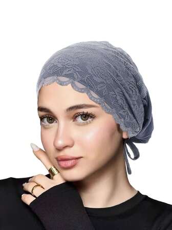 1ชิ้น สีพื้น ผ้าฝ้ายไหมอิตาลี เชือกรูด ปรับได้ ลูกไม้ หมวกฮิญาบมุสลิม