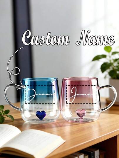 Customized Couple Cups, Heart-Shaped Bottom High Borosilicate Glass Single-Layer Cup, Gradient Blue Couple Insulated Glass Cup With Handle, Suitable For Milk, Juice, Water, Gifts For Him, Gifts For Her, Valentine's Day Gifts, Ideal Valentine's Day Gift For Him