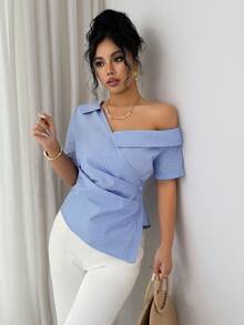 女士休闲优雅通勤条纹上衣，采用不对称纽扣设计，适合日常穿着、办公、春季、夏季、情人节和返校季。 - 藍色 - 查看 2