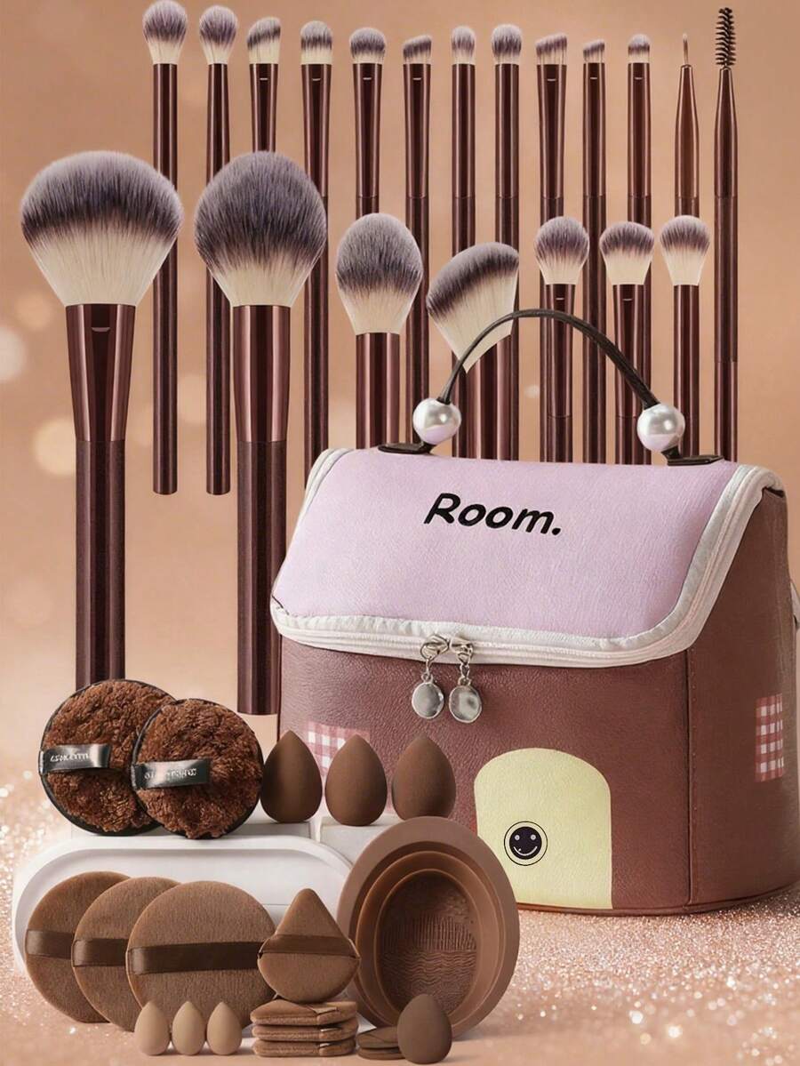 40/19/1pc Combination Set Of Makeup Brushes And Makeup Bag Makeup Sponges,Makeup Remover Puff & Eyeshadow Brush & Eyebrow Brush & Foundation Brush & Powder Makeup Brush & Blush Brush & Concealer Brush & Highlighter Brush Ultra-Soft Premium Synthetic Hair For Daily Makeup On Face - Multicolor - View 1