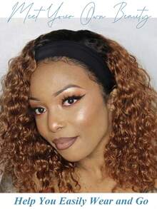 Ombre-rödbrun, djupvågig, lockig peruk med hårband för kvinnor, lätt att bära, brasilianskt hår, 12 tum, V-formad, kort, kinky, lockig, limfri peruk, 150 % densitet, lockigt, äkta hår, kort bob-peruk, naturlig svart, ombre-brun, grundläggande, utan spets, bob-peruker - S1/30 - Visa 7