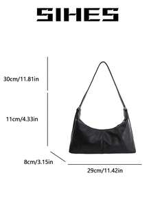 1 pieza Bolso de hombro de mujer de unicolor de piel de PU, bolso de axila en forma de media luna de moda, cierre con cremallera, diseño plisado, correa ajustable, adecuado para chicas, damas, estudiantes universitarias, jóvenes profesionales, oficina, escuela, trabajo, negocios, viajes, compras - Negro - Ver 3