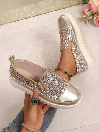 Women's Round Toe Slip-On Shoes, 2026 Spring New Fashionable Glitter Versatile Student Platform Loafers