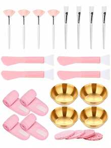 2/3/4/5/6/12/24/48pcs Beautician Facial Care Tool Set, Includes 4 Rose Gold Face Mask Bowls, 4 Fan-Shaped Face Mask Brushes, 4 Flat Head Brushes, 4 Double-Ended Brushes, 4 Sponges And 4 Headbands, Suitable For Spa Party Gifts And Facial Masking