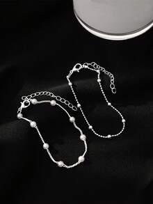 2件套手工珍珠铜珠叠层手链，优雅别致的女士设计（珍珠数量随机） - 銀色 - 查看 4