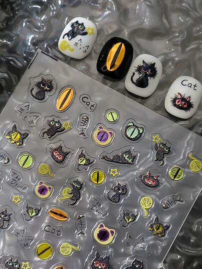 1 st 5D svart katt fiskben nagelklistermärke kawaii präglad dekal fransk slider självhäftande manikyr nagelkonst dekoration