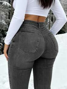 Y2K风格高腰浅蓝色牛仔裤，九分裤长，修身剪裁，凸显身材曲线，适合春夏、度假、节日、休闲牛仔穿搭、牛仔裤、长裤、外出等场合，女士牛仔裤，女士牛仔套装，女士牛仔裤，贴合曲线 - 灰色 - 查看 5