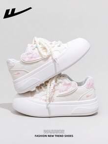 1 Pair WARRIOR Women's Thick Sole Lace-Up Soft Bottom Casual Shoes, Low-Top Outdoor Flat Shoes, Round Toe Low Heel Non-Slip Solid Color Elegant Soft Bottom Hiking Shoes, Suitable For Students, Graduation Photos, Flat Shoes, Low-Top Leather Sneakers - White/Pink - View 2