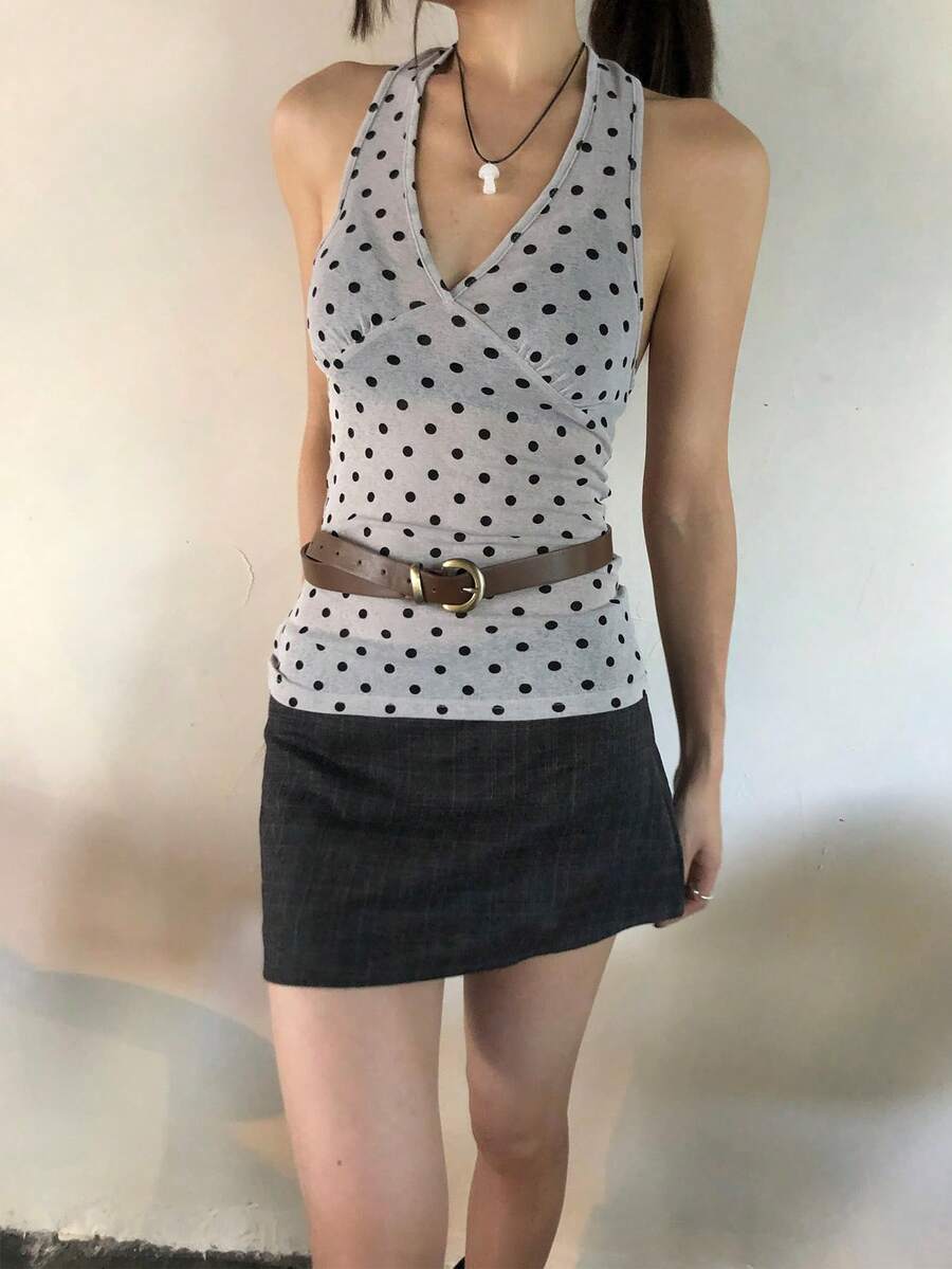 夏季时尚波点印花V领露背休闲上衣 - 淺灰色 - 查看 1