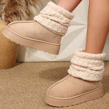 Short Knit Cuff Snow Boots Faux Furry Boot Upper Platform Sole Warm Lining Warm Boots Shoes Snow Boots Ankle Boots Outdoor Winter Boots For Women - Màu be - Xem 4