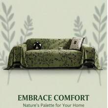 High-Quality Chenille Cotton Blend Sofa Cover - Soft & Fluffy Sofa Protector With Green Natural Plant Pattern