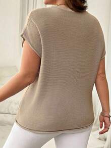 Plus Size Women V-Neck Puff Sleeve Solid Color Casual Knit Pullover Sweater, Spring/Summer - Khaki - View 2
