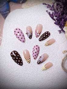 10pcs Handmade Almond Powder, Brown, Caramel, Polka Dot, Yellow French Acrylic Nail Tips, Cute Minimalist Elegant Design Nails Nail Supplies - Multicolor - View 6