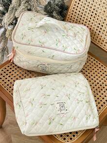 1pc Friend Gift Green Floral Bow Plaid Quilted Girls Makeup Bag, Portable Large Capacity Cosmetic Bag With Zipper, Suitable For Travel And Vacation Essentials, Can Store Sanitary Pads, Keys, Phone, Charger, Lipstick, Cosmetics, Perfume, Makeup Brushes, Etc., Can Be Used As Skincare And Beauty Product Storage Bag, Suitable For Women, Students, Female Students, Also An Ideal Choice For Holiday And New Year Gifts. - Green - View 5