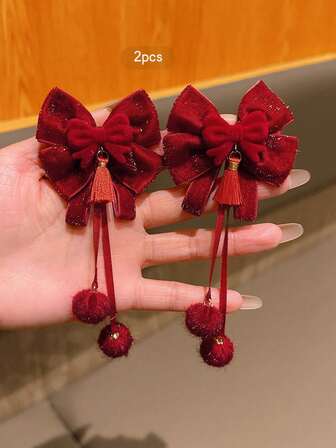 2个新年红色蝴蝶结流苏吊坠发夹，节日发饰，适合中国新年