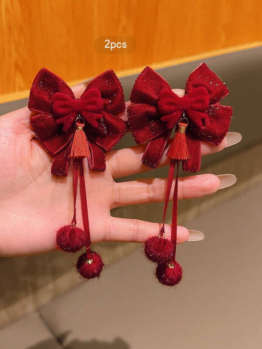 2个新年红色蝴蝶结流苏吊坠发夹，节日发饰，适合中国新年 - 紅色 - 查看 1