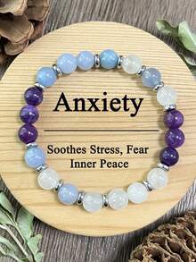 1pc Bohemian Style Beaded Bracelet, 8mm Aquamarine, Rose Quartz, Selenite, Elastic Beaded, Yoga Meditation Jewelry, Unisex, Meaning Good Luck, Love, Calmness, Wealth, Friendship - Multicolor - View 7