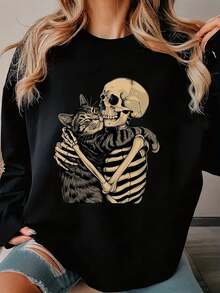 Women's Gothic Skull And Cat Print Sweater - Soft, Stretchy Long-Sleeved Crew Neck Pullover. Black And White Gothic Cat And Skeleton Print Casual Spring/Summer/Autumn Layering Sweatshirt. Machine Washable For Everyday Wear, Stylish For Several Seasons. Multi-Functional Pullover, Breathable And Lightweight Material. A Great Alternative To A Top. - 黑色 - 查看 1