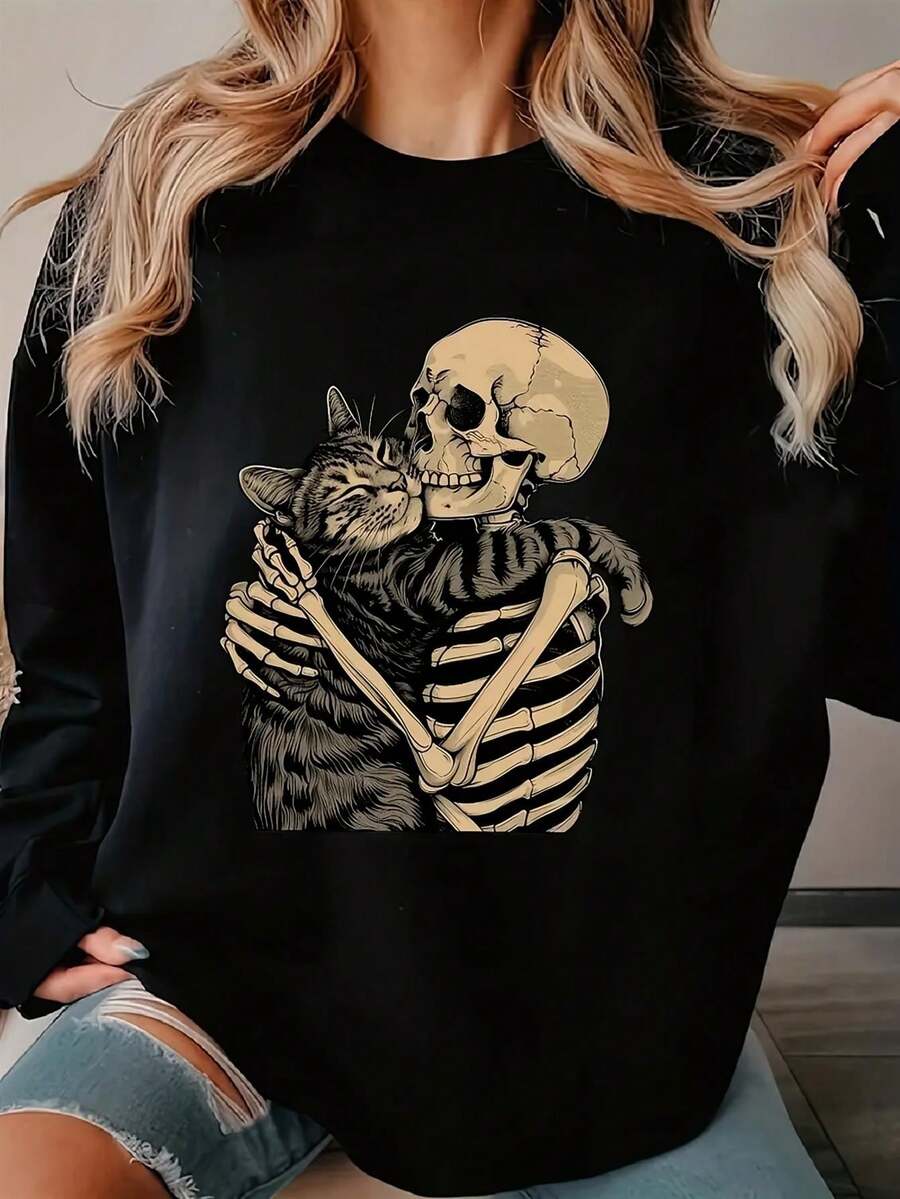 Women's Gothic Skull And Cat Print Sweater - Soft, Stretchy Long-Sleeved Crew Neck Pullover. Black And White Gothic Cat And Skeleton Print Casual Spring/Summer/Autumn Layering Sweatshirt. Machine Washable For Everyday Wear, Stylish For Several Seasons. Multi-Functional Pullover, Breathable And Lightweight Material. A Great Alternative To A Top. - 黑色 - 查看 1