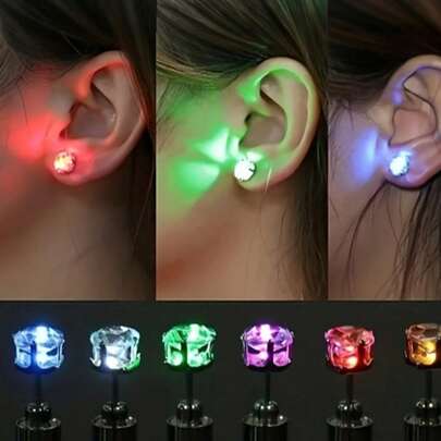 1 đôi bông tai LED nhấp nháy đổi màu, bông tai phát sáng, bông tai mặt dây chuyền hình vương miện đính kim cương, chất liệu thép không gỉ, unisex, quà tặng, phụ kiện tiệc tùng