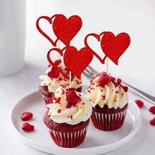 24个情人节心形蛋糕装饰插牌，红色和心形闪光镂空心形蛋糕装饰，适用于婚礼、新年、情人节、派对活动