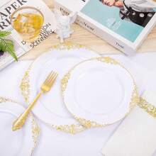 一套白色餐具，带金色镶边，包括 7.5 英寸甜点盘和 10.25 英寸餐盘，易于清洁和重复使用，非常适合圣诞节、婚礼、生日、新娘送礼会、派对、烧烤、万圣节、感恩节等场合。 - 彩色 - 查看 3