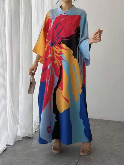 1pc Women's Arabic Abaya Dress, Colorblock Placement Print, Stand Collar, Single-Breasted, Raglan Sleeve, Oversized, Maxi Length, Casual Dress, Elegant Arabic Robe, Luxury Festival Evening Gown, Arabic Clothing