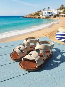 1 Pair Children's Beige PU Material Anti-Slip Durable Round Toe Peep-Toe Shaped Elastic Band Casual Flat Sandals, Suitable For Boys And Girls, Vacation, Birthday Party, School, Spring 2026 New Arrival - White - View 5