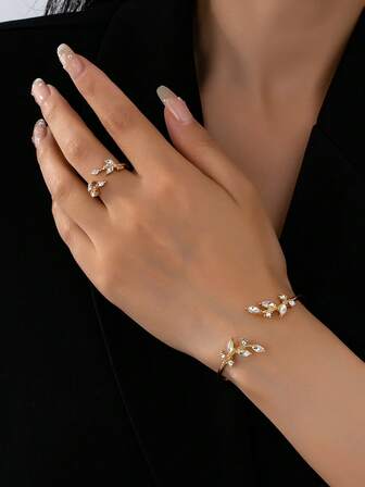 Set de 2 piezas de pulsera y anillo con diseño de hoja elegante con rhinestones, adecuado para uso diario o eventos de las mujeres