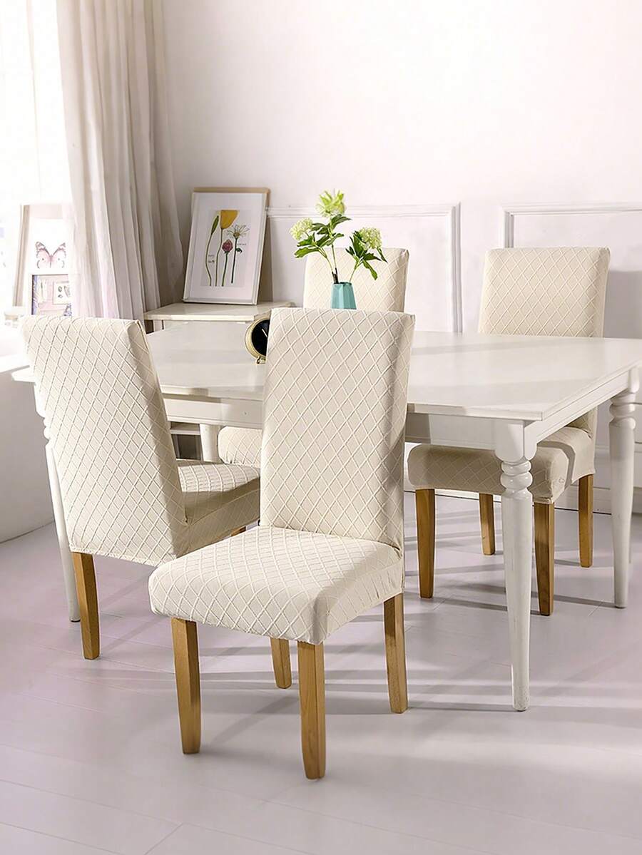Diamond Lattice Pattern Dining Chair Slipcover White 12x12x1centimeter - Beige - View 1