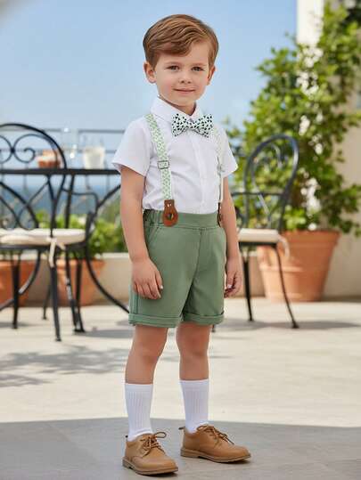 BOARNSEORL 2件套幼儿男童绅士套装 - 短袖衬衫配领结和绿色背带短裤，时尚优雅，适合生日派对、正式场合、婚礼、合唱表演等。