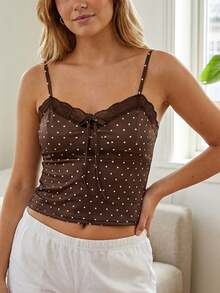 Sleeveless Spaghetti Strap Camisole For Women Cute Bowknot Lace Trim Stylish Crop Tops Fashion Polka Dot Slim Fit Corset Vest Summer Fall Versatile Style Tank Tops For Beach Party Club - 咖啡色 - 查看 5
