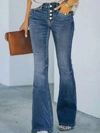 Modische Damen einfarbige minimalistische tägliche Knopfflug Jeans Schlaghosen für den Alltag Outfit