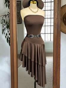Women's Casual Ruffled Hem Asymmetric Hem Sleeveless Bodycon Dress, Elegant & Versatile, Spring/Summer - Brown - View 4