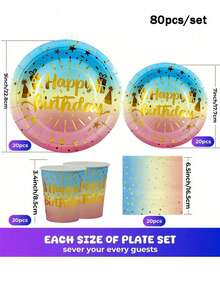 Happy Birthday Theme 20/40/60/80 Disposable Tableware Set, Including 7-Inch Paper Plates, 9-Inch Cardboard, 9-Ounce Cups, Napkins, Suitable For Daily Gatherings, Birthday Parties, Bridal Showers, Baby Showers, Clubs, Weddings, Tea Parties, Picnics, Outdoor Outings, And Themed Parties. - Multicolor - View 7