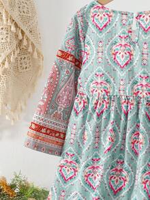 少女碎花圆领长袖休闲连衣裙 - 彩色 - 查看 8