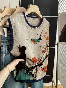Áo vest dệt kim nữ, dáng dài vừa phải, viền tương phản, họa tiết mèo và chim. - Màu Khaki - Xem 3
