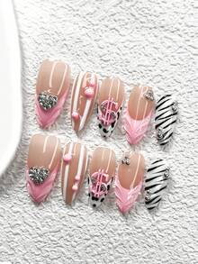 10pcs Y2K French Manicure Set, Acrylic Press-On Nails, Shiny Faux Pearl Hearts, Pink Dollar Signs, Silver Studded Nail Decor, Black & White Stripes, Black Leopard Print, White Water Drops, White, Nude, Pink Nail Polish, Great Gift For Women & Girls, Includes Nail Tools Nail Supplies Handmade Press On Nails - Nhiều màu - Xem 13