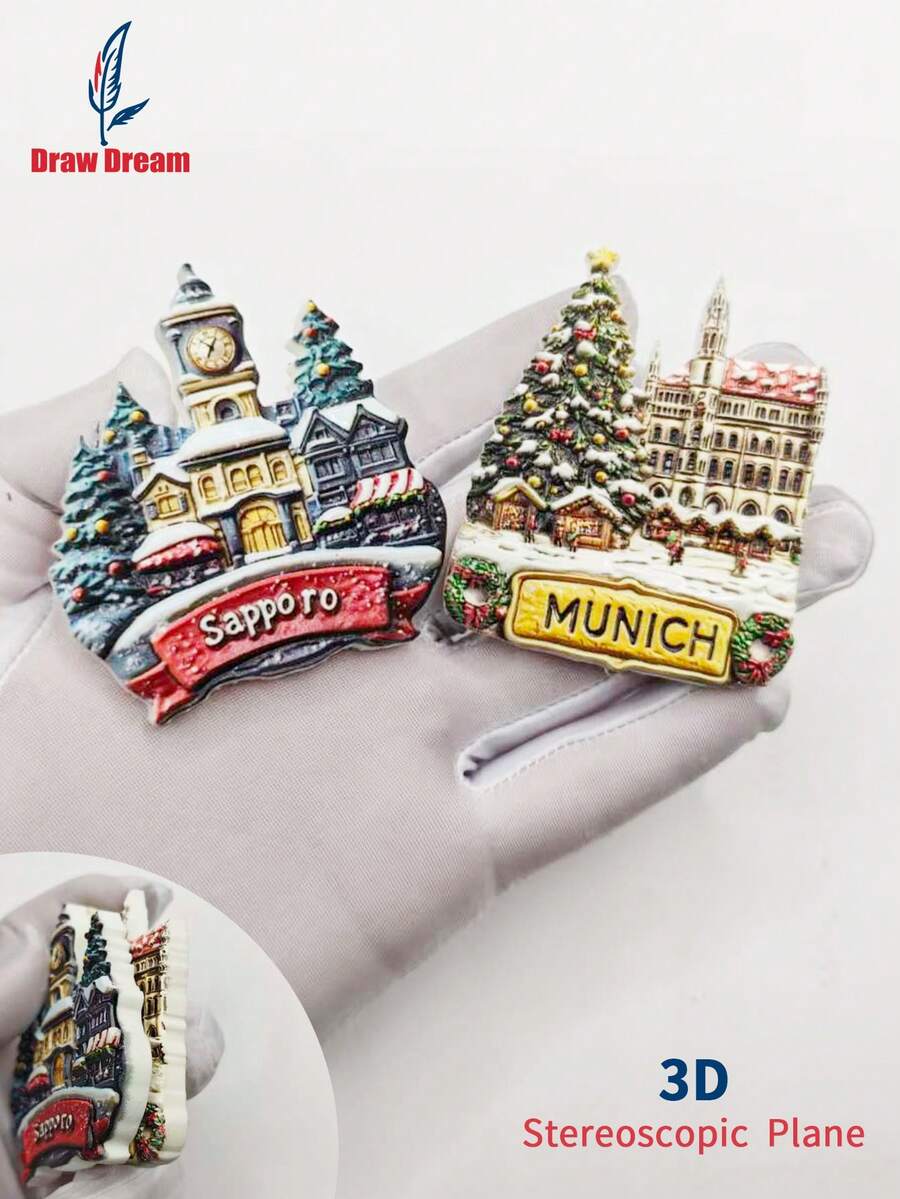 1pc 3D World Landscape Fridge Magnet, Munich Snowy Christmas Tree + Sapporo Clock Church, World Travel Souvenir Collection, Travel Memento Decor Magnet, Suitable For Home, Office, Personalized Travel Souvenir Magnetic Fridge Sticker, Home Decor, Kitchen, Room, Office, Cabinet Craft Gift, Holiday Souvenir, Exquisite Small Gift