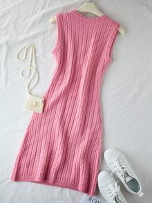 1pc Sweet Girl Pink Knit Camisole Dress, Sleeveless Skirt, Slimming - Watermelon Pink - View 2