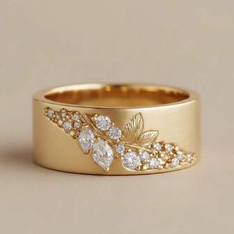 แหวนหินเซอร์โคเนียใบไม้สง่างามชุบทอง 18K, เครื่องประดับหมั้นแฟชั่นและหลากหลายสำหรับผู้หญิง
