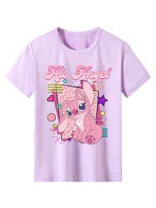 Disney Valentine's Day-Themed T-Shirts For Boys And Girls, Featuring Stitch And Angel Lettering Prints. Soft And Comfortable Children's T-Shirts Suitable For Boys And Girls Year-Round. Perfect For Outings, Shopping, Or Playground Adventures. Makes An Excellent Gift. Also Ideal For Sibling Matching Outfits. - Màu Lilac Tím - Xem 3